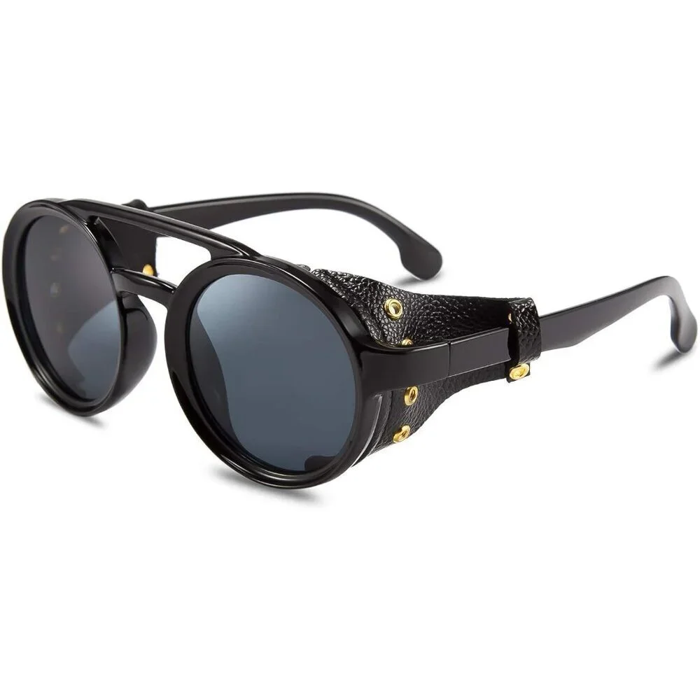 Retro Steampunk Sunglasses Women Men Vintage Eyewear Leather Side Shield UV400
